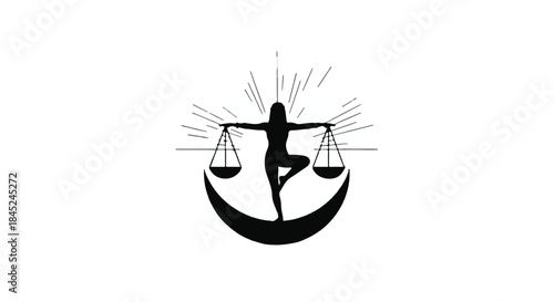 Silhouette of woman balancing on crescent moon holding scales, symbolizing justice and harmony.