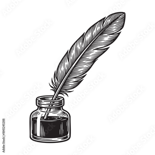 Vintage Feather Quill Pen in Inkwell Bottle