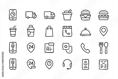 Food Delivery and Restaurant Service Line Icons for UI Design