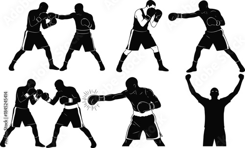 Boxing silhouettes collection, fighters training, punching action poses, combat sports illustration, martial arts workout graphics, boxing match elements for design projects