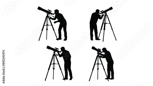 Collection of four distinct black silhouette vector icons depicting astronomers observing the night sky through telescopes on tripods