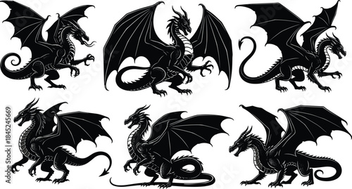 Fantasy dragon silhouette collection, mythical creature illustrations, detailed winged dragon designs, black vector monsters, powerful legendary beasts artwork set