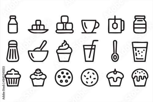 Bakery Menu Line Icons with Pastries Drinks and Ingredients