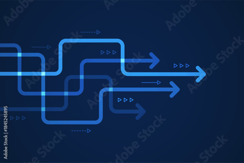 Glowing blue data flow arrows moving across dark blue background, representing information transfer, process direction, technology systems, and modern data concepts.