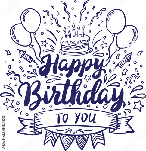 Vector art of happy birthday to you celebration with cake and balloons isolated on