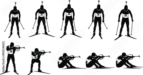 Silhouettes of biathlon athletes skiing and shooting, winter sports performance, competitive biathlon actions, professional ski and rifle athlete illustration set