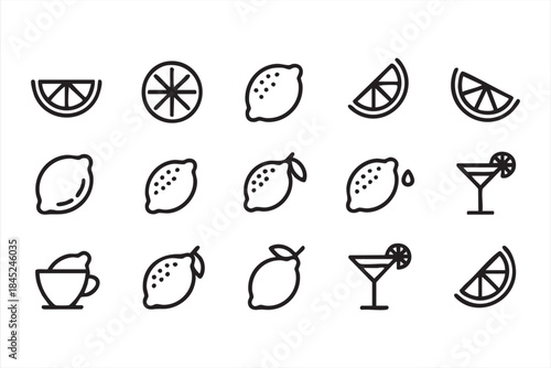 Lemon Citrus Line Icons for Cocktails Drinks and Bar Menus