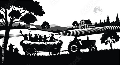 Joyful group enjoys a scenic tractor ride through a countryside farm at dusk.