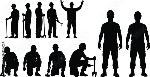 Silhouettes of construction workers, laborers using tools, industrial teamwork poses, building site crew, worker actions, occupational safety, engineering workforce illustration