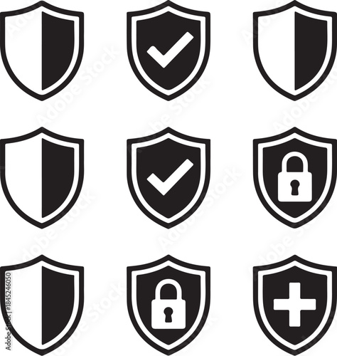 Nine black and white shield icons set