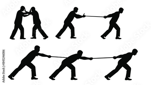 Set of black silhouette icons depicting men pushing against each other and engaging in a competitive tug of war activity