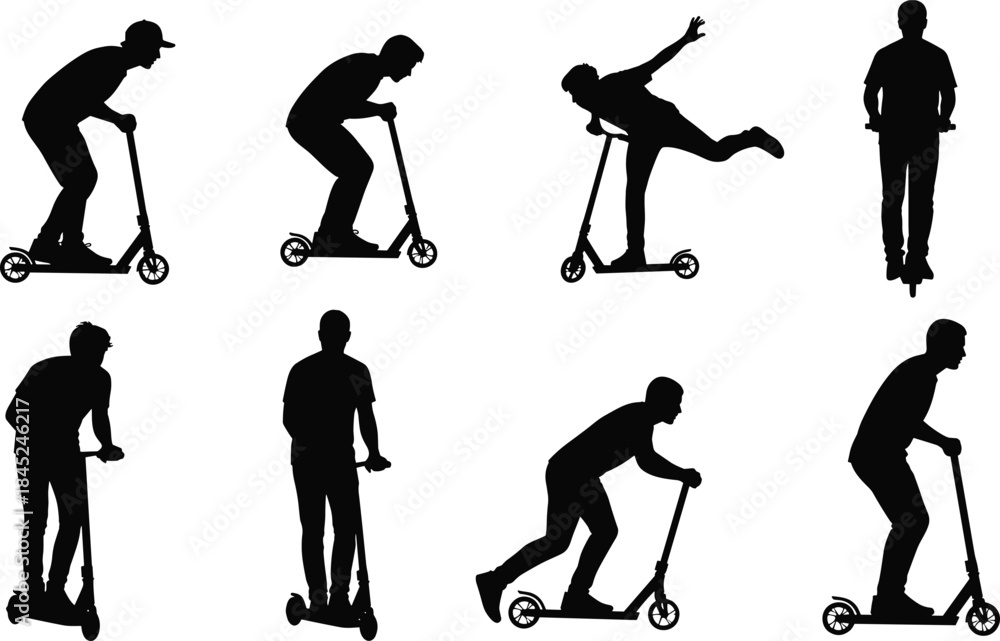 Obraz premium Silhouettes of people riding scooters, urban mobility illustration, scooter tricks, standing and pushing poses, modern transportation concept for graphic design