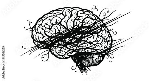 Intricate illustration of a human brain with flowing lines suggesting thought and connection