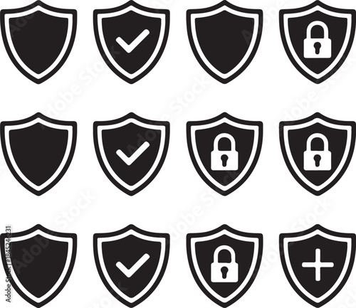 Twelve black shield icons set for security