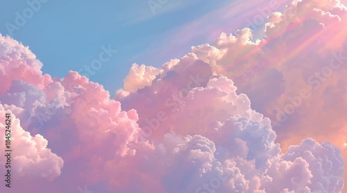 Beautiful white fluffy cumulus clouds and sun rays in the bright blue sky on a summer day