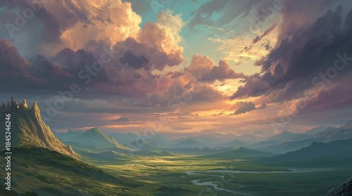 Dramatic orange and red sunset over a mountain landscape with bright clouds