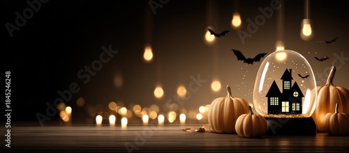 Halloween scene with pumpkins and snow globe.