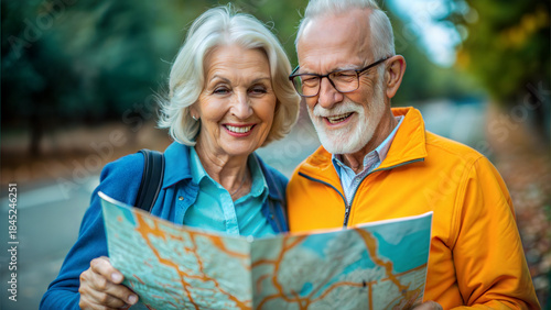 Happy senior couple exploring a map outdoors in autumn with smiles on their faces