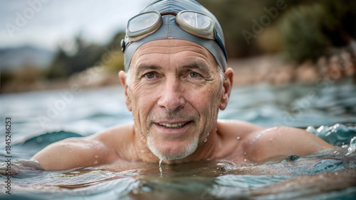 Senior man swimming in a pool with a smile, wearing swimming goggles and cap against a natural backdrop