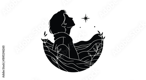 Person gazing upwards towards a star, surrounded by flowing lines representing water and nature.
