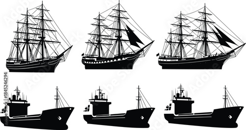 Silhouettes of sailing ships and cargo vessels, nautical transportation illustration set, maritime fleet collection, vintage sailboats and modern ships for design projects