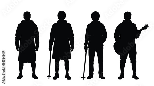 Collection of four distinct male silhouettes representing winter sports musician and casual standing figures in black