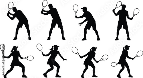 Silhouettes of tennis players, male and female athletes, playing tennis, holding rackets, sports action poses, competition training illustrations for fitness themes