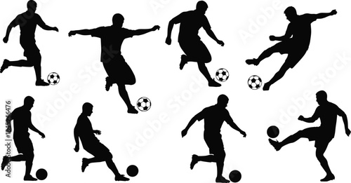 Soccer player silhouettes collection, dynamic football actions, athlete kicking poses, sport movement illustration, training scenes, competitive football artwork for graphic design