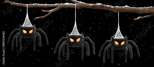 Halloween Spider Decorations Hanging from Branch.