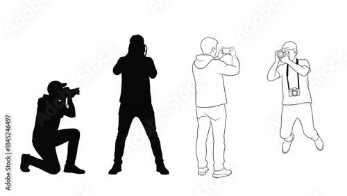 Collection of four distinct photographer silhouettes and line art figures capturing moments with various cameras and poses