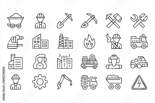 Industrial Construction and Mining Line Icons for Engineering Design