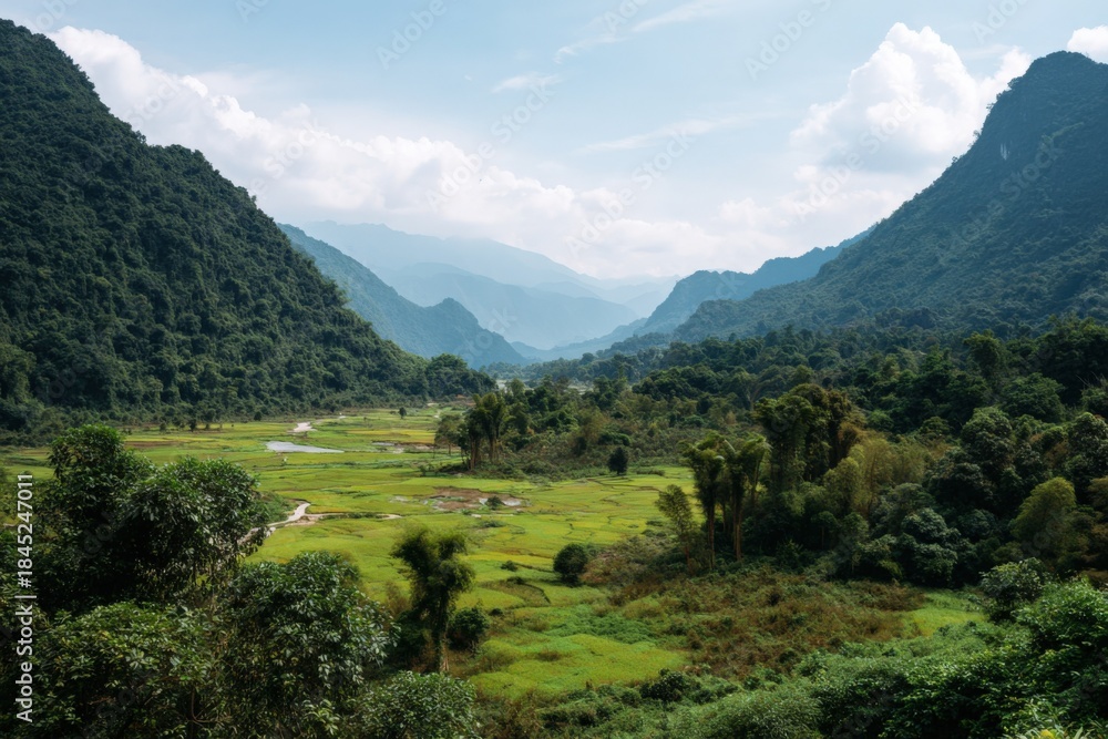 Obraz premium Lush valley landscape with verdant hills and clear blue sky