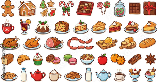 Christmas food and dessert icons set with cookies, cakes, drinks and holiday treats
