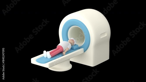 An elderly woman is lying on an MRI scanner. Animation of a senior woman character doing an MRI scan, 3d render with an alpha channel.