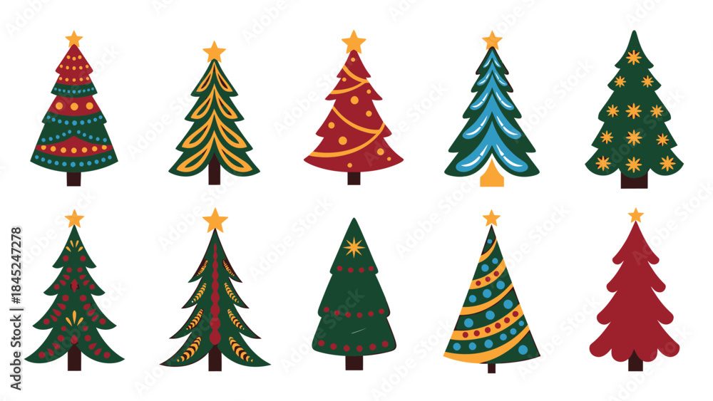 Obraz premium Christmas Trees Collection Decorated Vector Illustration Isolated on White Background
