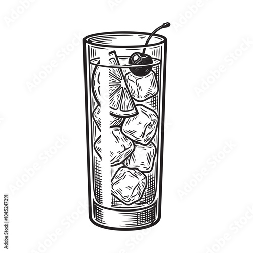 Highball Cocktail Glass with Ice and Cherry Sketch