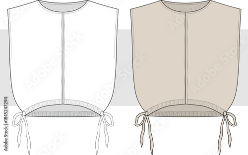Women's sleeveless blouse, T-shirt with gathered waist detail. Crop top vector. CAD, Mockup Set.