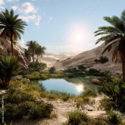 Wallpaper Mural Serene desert oasis with lush palms and tranquil water under sunlit sky Torontodigital.ca