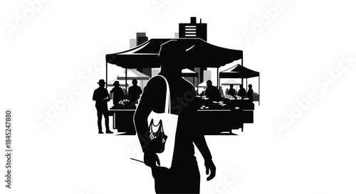 Silhouetted figure at vibrant outdoor market with tents and shoppers