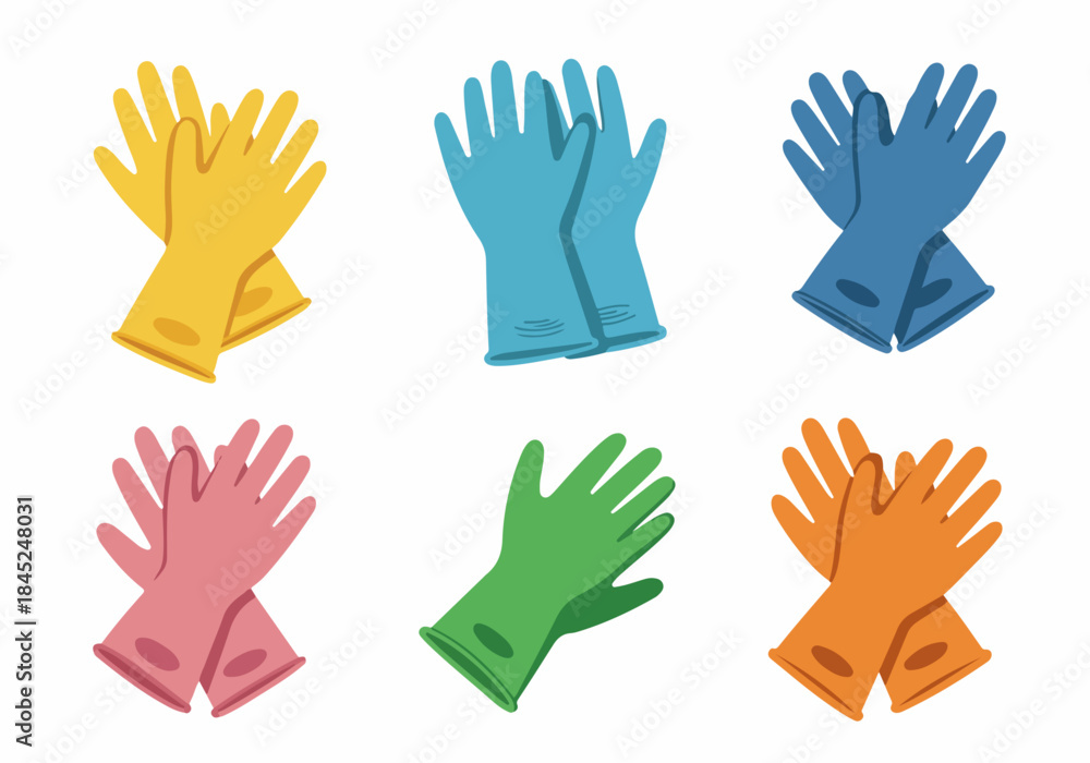 Obraz premium Colorful collection of rubber cleaning gloves vector illustration set for house chores, hygiene, and kitchen safety isolated on white background.