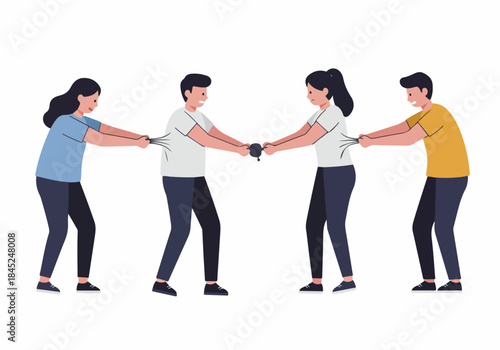 Group of people struggling and pulling against each other, symbolizing competition, dispute, and conflict in a modern environment.
