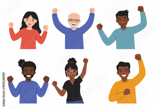 Diverse group of happy people celebrating success and strong emotion with raised fists, demonstrating achievement, victory, and power in a flat vector design.