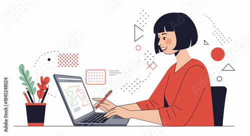 Smiling woman working on her laptop, focused on creative design or data analysis in a modern, abstract digital workspace illustration.