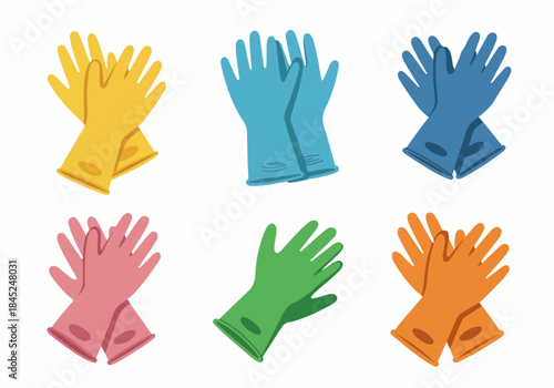 Colorful collection of rubber cleaning gloves vector illustration set for house chores, hygiene, and kitchen safety isolated on white background.