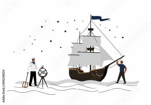 Navigation and Discovery: Sailors guide a vintage tall ship using celestial instruments under a starry sky.