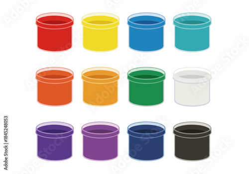Isometric vector illustration of colorful paint pots. Set of 12 jars showing a spectrum of primary and secondary colors for art projects, isolated on white.