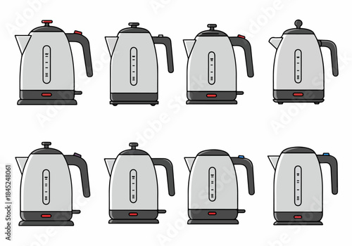 Set of Eight Electric Kettle Icons Vector Illustrations. Modern kitchen appliance collection for boiling water design elements.