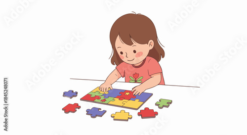 Adorable young girl concentrated on connecting colorful jigsaw puzzle pieces, illustrating childhood learning and brain development.