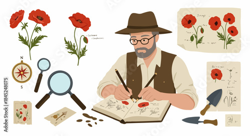 Botanist documenting red poppy flowers, surrounded by tools like a magnifying glass, compass, and trowels, illustrating nature study and research.