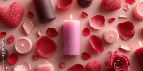 Romantic Flat Lay Artwork of Pink Candle with Scattered Rose Petals and Hearts